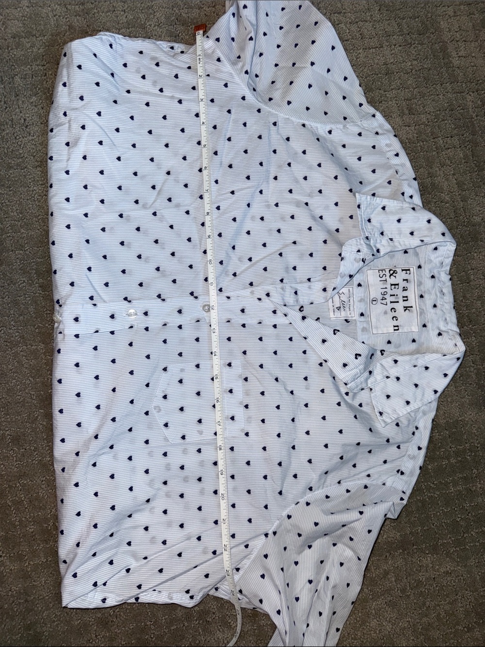 EUC Frank & Eileen - Women Button Down Shirt in Blue Stripe w/ Navy Hearts - Picture 12 of 13